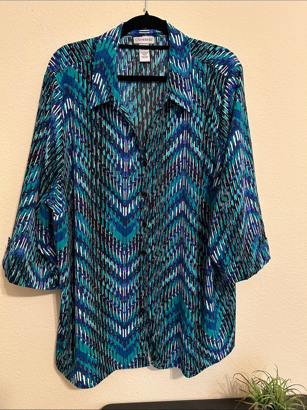 Catherines Teal & Navy Chevron-Print Button Down Shirt